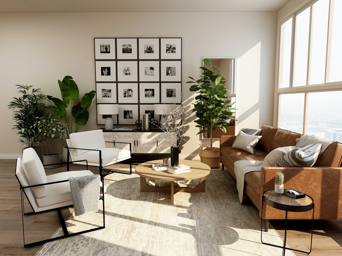 Sunlit contemporary living room with carefully planned furniture